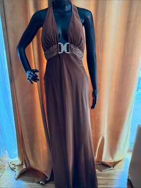 Cache Brown Backless Halter Maxi Dress with Rhinestone Buckle